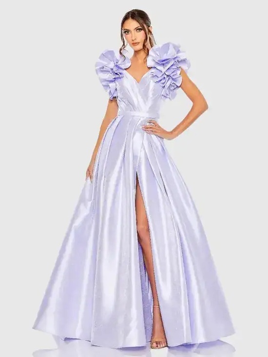 Mac Duggal Dresses & Skirts - Mac Duggal Lilac Satin V-Neck Ball Gown with Statement Puff Sleeves